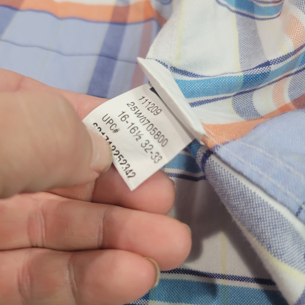 Chaps Button Down Shirt Mens 16.5 32/33 Blue Orange Plaid Classic Wrinkle Free - Picture 7 of 8